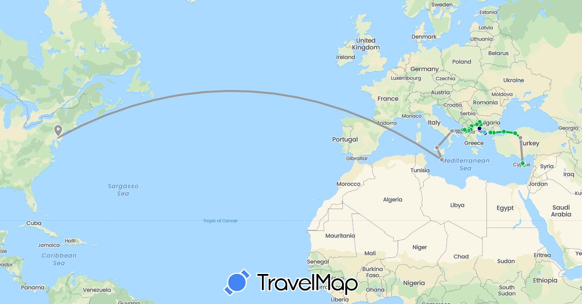 TravelMap itinerary: driving, bus, plane, train, boat in Albania, Bulgaria, Cyprus, Greece, Italy, Macedonia, Malta, Turkey, United States (Asia, Europe, North America)